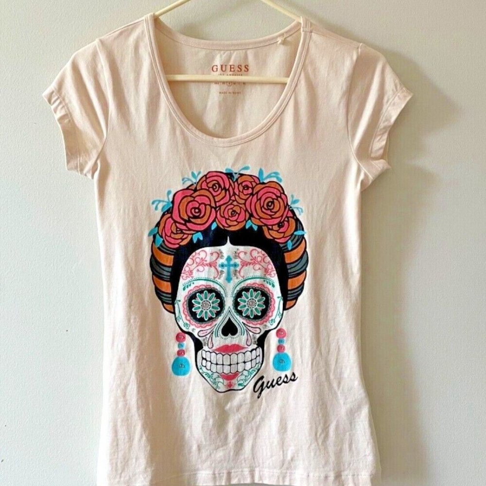 Guess Top Sugar Skull Tee Jersey Soft/Stretchy T-shirt Size S